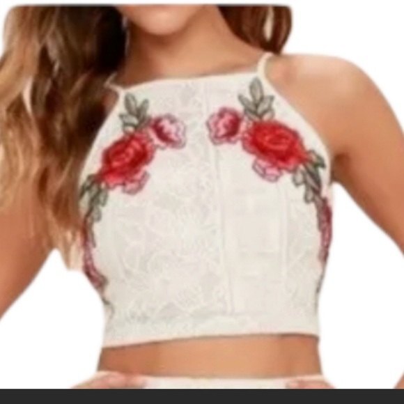 LuLus Embroidered Rose And Lace Crop Top Size XS - Picture 2 of 8